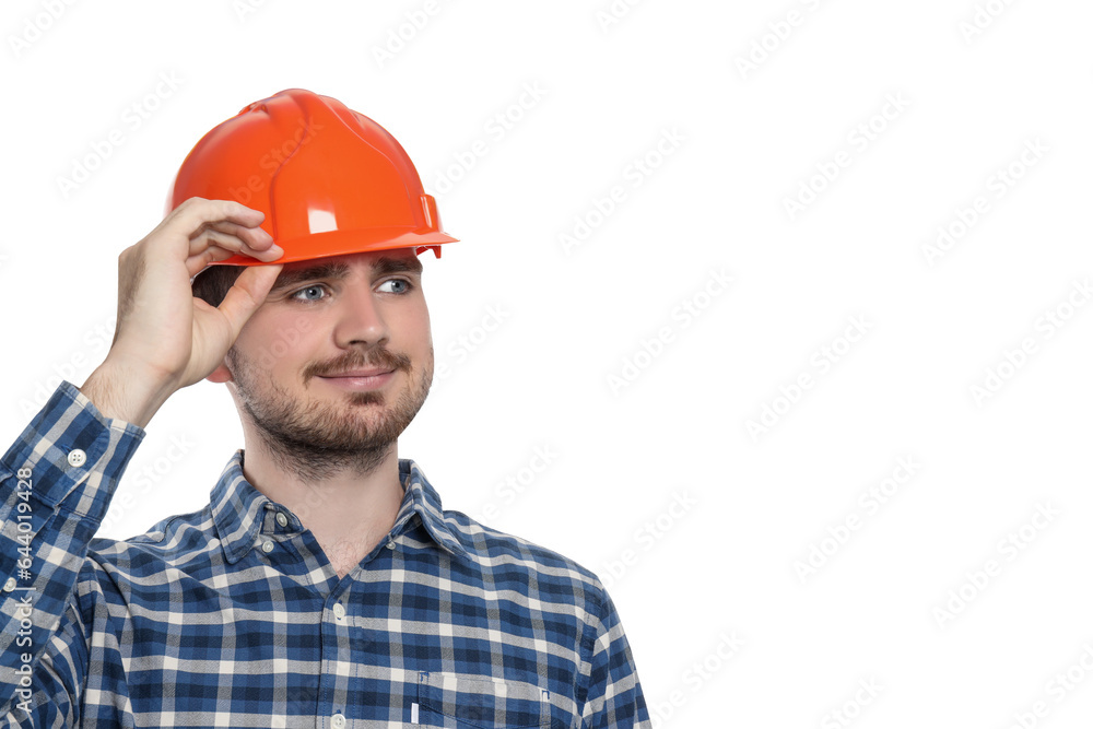PNG, Engineer in helmet, isolated on white background, space for text PNG, Engineer in helmet, isolated on white background, space for text
