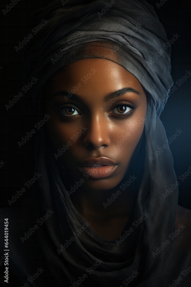 A hauntingly beautiful woman wearing a scarf on her head stares out of the frame with her captivating eyes, her long eyelashes and eyebrows illuminated by the dim light of the indoor halloween party A hauntingly beautiful woman wearing a scarf on her head stares out of the frame with her captivating eyes, her long eyelashes and eyebrows illuminated by the dim light of the indoor halloween party