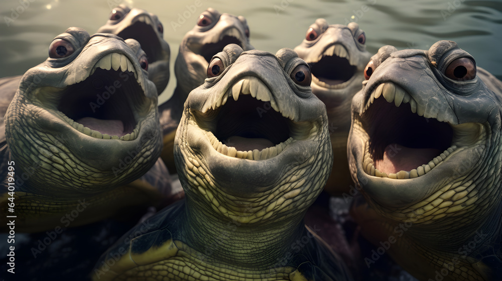 Group of happy turtles with open mouth taking selfie