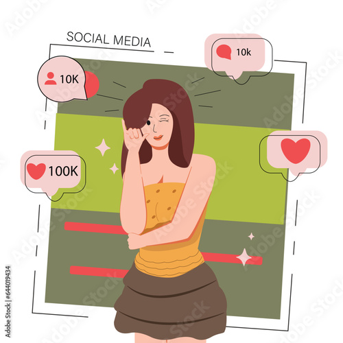 Young fashionable or celebrity girl makes posing with fingertips. Popular media blogger.