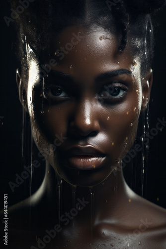 A mysterious woman with a haunting gaze stares through the darkness, illuminated by a single drop of water cascading from her halloween-adorned eyelashes and glossy lips