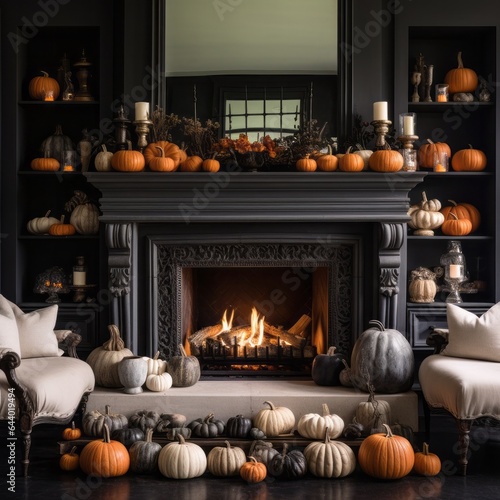 On halloween night, a cozy living room is lit up by the warm glow of a crackling fireplace surrounded by pumpkins and candles, inviting a peaceful evening of relaxation on the couch
