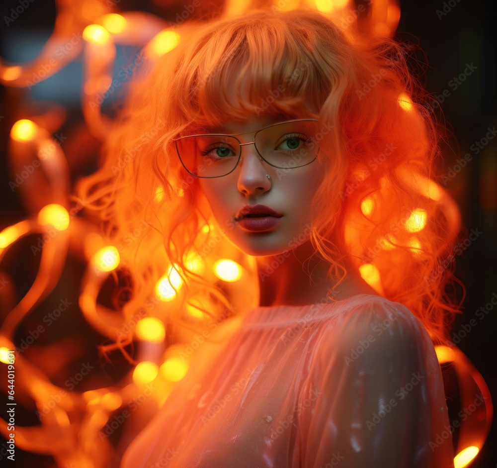 A doll-like girl with bright red hair and glasses stands outside, her youthful innocence captivating all who behold her