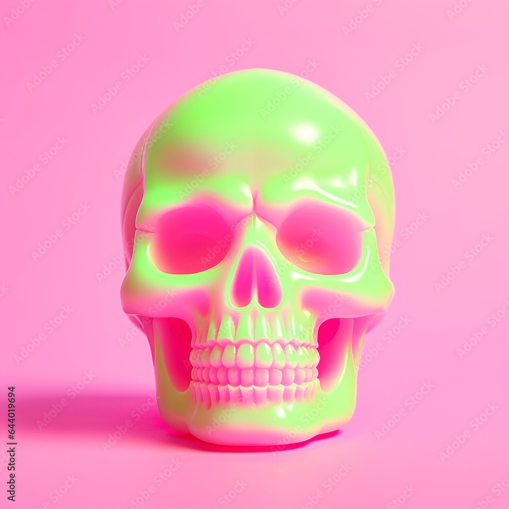 Obraz premium This hauntingly beautiful image of a neon green skull against a pink background captures the spooky yet fun spirit of halloween