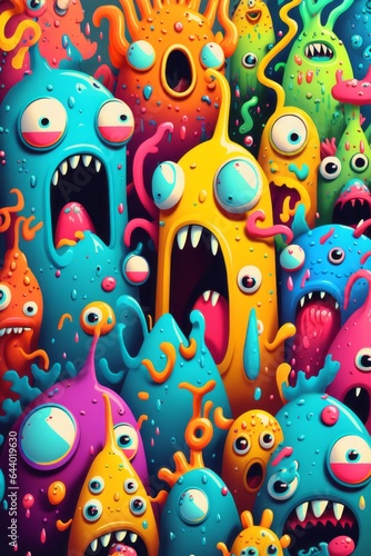 A delightful collection of artful cartoon monsters playfully come to life, beckoning the viewer to enter their fantastical world of vibrant color and boundless imagination