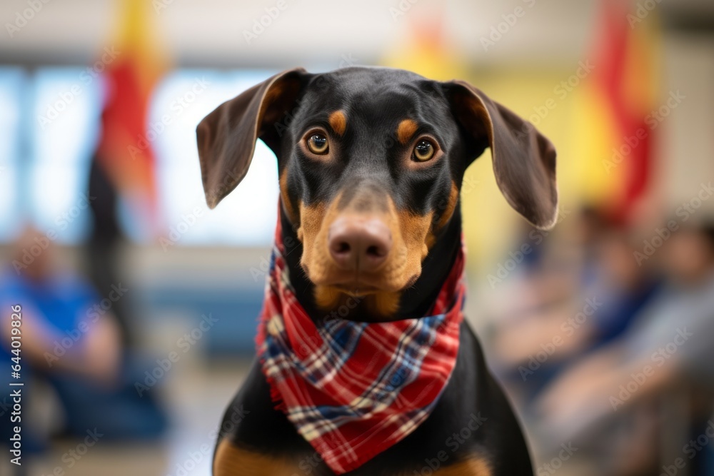 Environmental portrait photography of a curious doberman pinscher nuzzling wearing a cooling bandana against a lively classroom background. With generative AI technology