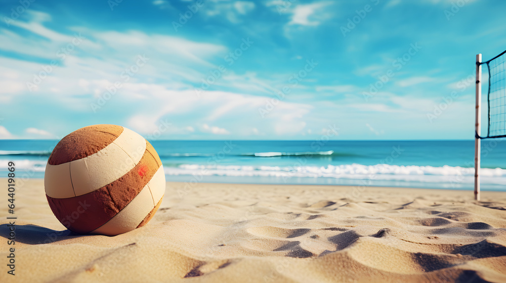 Volleyball on the beach, blue sky and sea in the background, copy space