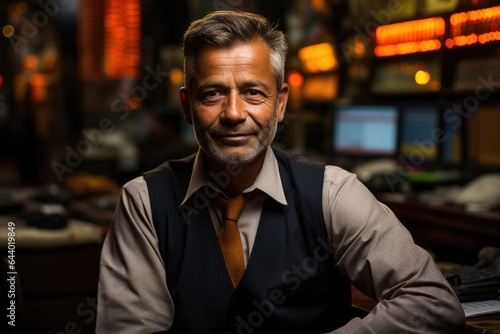 Portrait of a trader, adult serious man looks at the camera