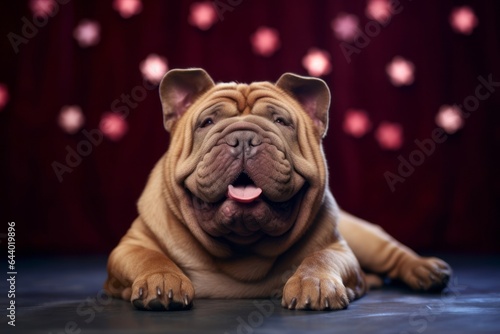 Group portrait photography of a happy chinese shar pei dog lying down wearing a princess crown against a lively classroom background. With generative AI technology © Markus Schröder