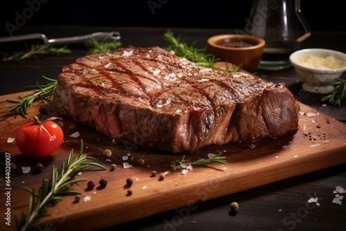 Delectable aged steak with a blend of spices, medium-rare and juicy. Perfect for grilling and barbecue enthusiasts. Generative AI