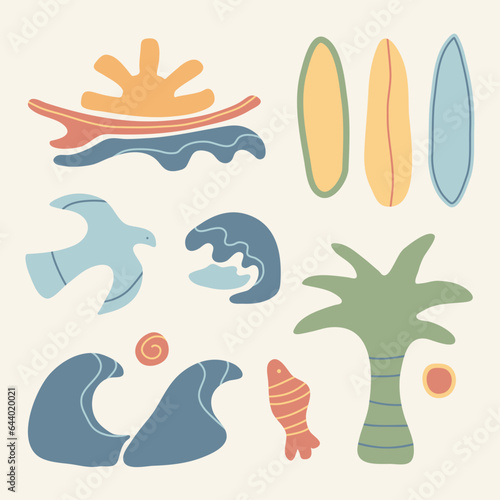 Hand Drawn Set of Beach Stuff. Vector Illustration. Sunset on the Beach. Beach Vibe. Surfing.