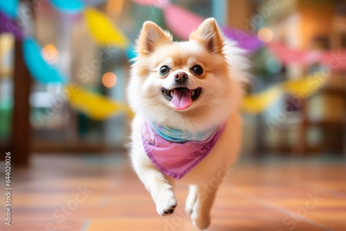Medium shot portrait photography of a cute pomeranian chasing tail wearing a cooling bandana against a dynamic fitness gym background. With generative AI technology © Markus Schröder