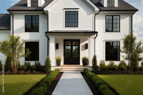 Contemporary farmhouse entry featuring white siding, black door, columns, and sconces. Generative AI © Thisbe