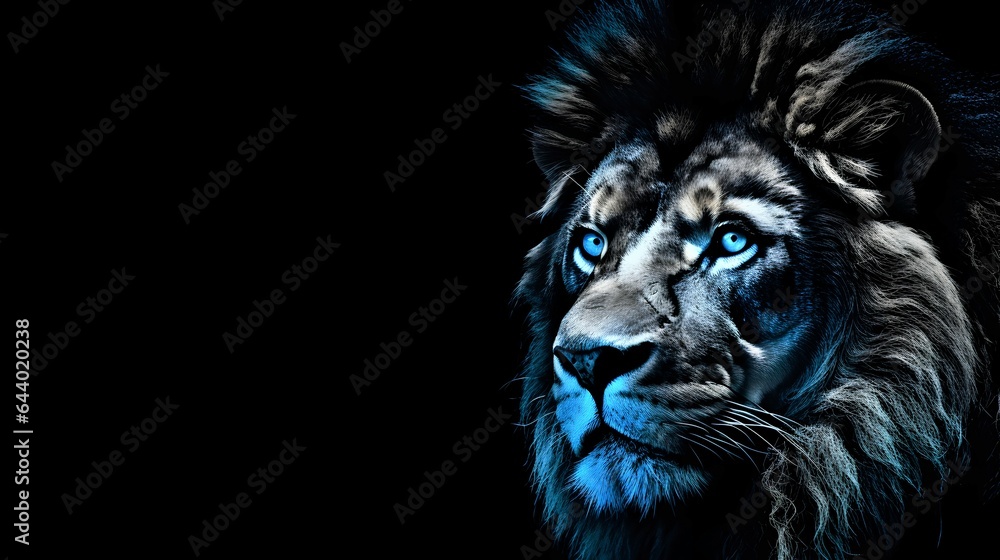 Lion with blue eyes, black background, copy space