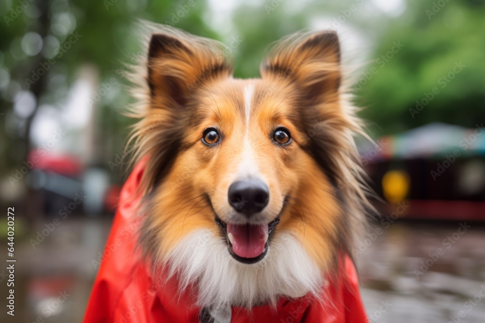 Close-up portrait photography of a smiling shetland sheepdog licking lips wearing a raincoat against a bright and cheerful park background. With generative AI technology Close-up portrait photography of a smiling shetland sheepdog licking lips wearing a raincoat against a bright and cheerful park background. With generative AI technology