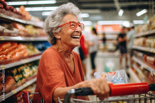 elderly woman shopping in supermarket, happy and satisfied