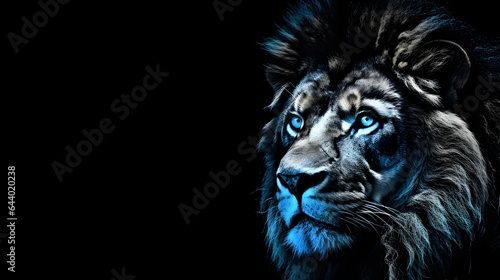 Lion with blue eyes  black background  copy space