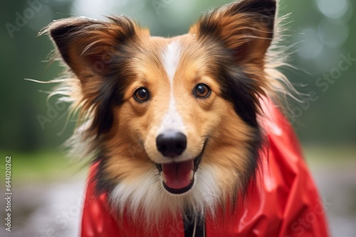 Close-up portrait photography of a smiling shetland sheepdog licking lips wearing a raincoat against a bright and cheerful park background. With generative AI technology