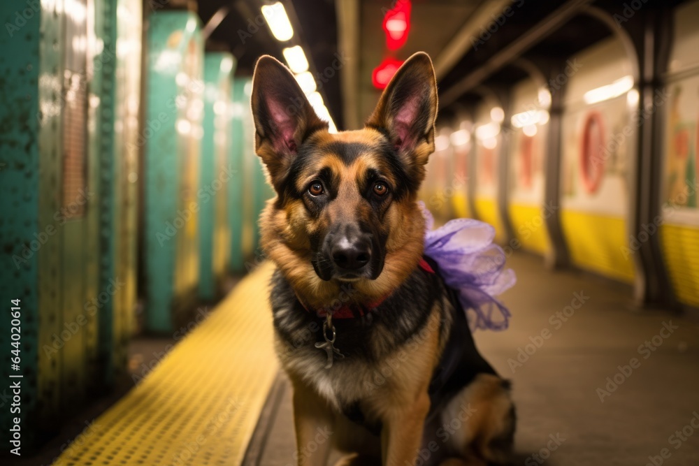 Φωτογραφία Studio portrait photography of a funny german shepherd nibbling wearing a fairy wings against a bustling city subway background