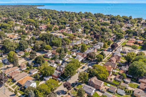 Racine, WI USA - August 31, 2023: Aerial view of Racine Wisconsin featuring city streets and Lake Michigan 