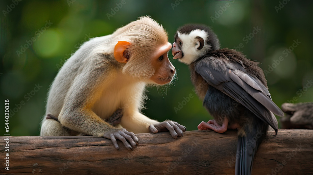 Interspecies Connections, heartwarming interactions between different animal species, showing their mutual understanding or cooperation. AI generative - obrazy, fototapety, plakaty 