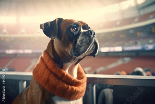 Photography in the style of pensive portraiture of a cute boxer dog yelping wearing a cashmere sweater against a dynamic sports stadium background. With generative AI technology photo