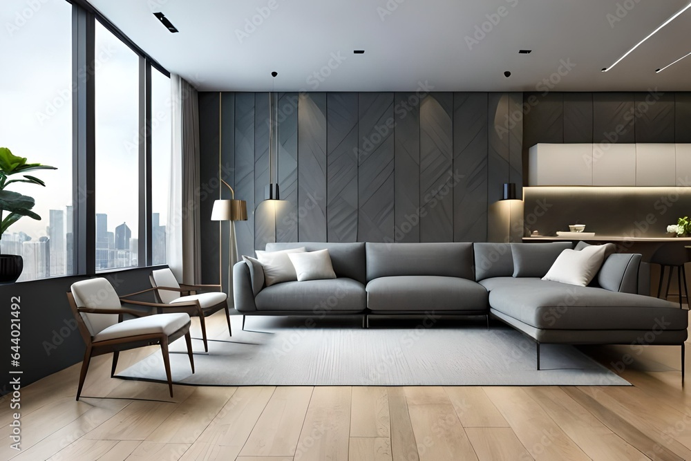 Fototapeta premium Modern living room interior, gray sofa on dark empty wall 