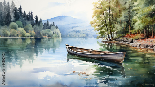 wooden boat on a beautiful calm lake with mountains and green forest in the background.