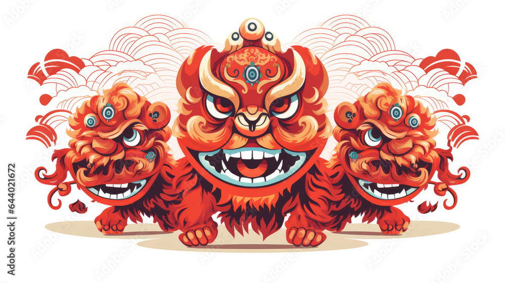 Illustration of Chinese lion dance, traditional festivals  southern China. Isolated on white background.  Generative AI| 舞狮