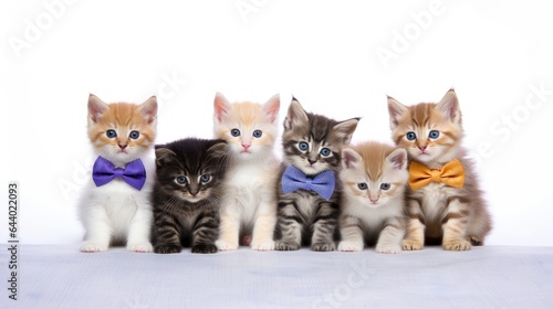 Image of funny smart kitten on group wearing tie sitting on hind legs