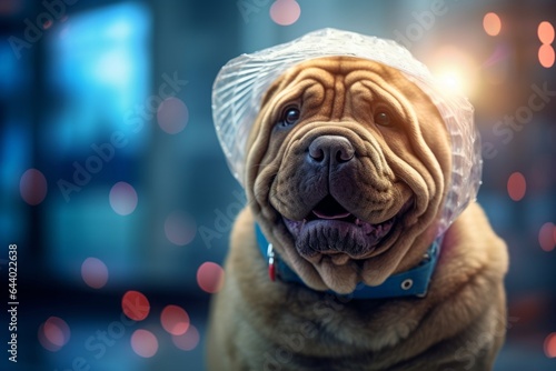 Close-up portrait photography of a smiling chinese shar pei dog drinking water wearing an anxiety wrap against a busy hospital hallway background. With generative AI technology photo