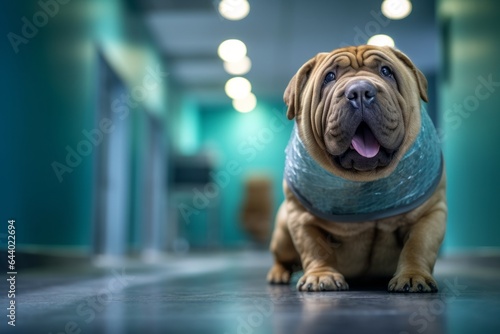 Close-up portrait photography of a smiling chinese shar pei dog drinking water wearing an anxiety wrap against a busy hospital hallway background. With generative AI technology