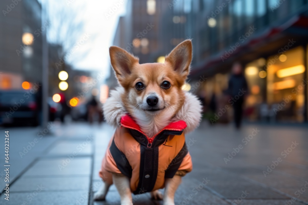 Medium shot portrait photography of a cute norwegian lundehund bumping head wearing a therapeutic coat against a bustling city street background. With generative AI technology - obrazy, fototapety, plakaty 