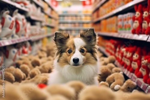Conceptual portrait photography of a curious shetland sheepdog snuggling wearing a teddy bear costume against a busy supermarket aisle background. With generative AI technology