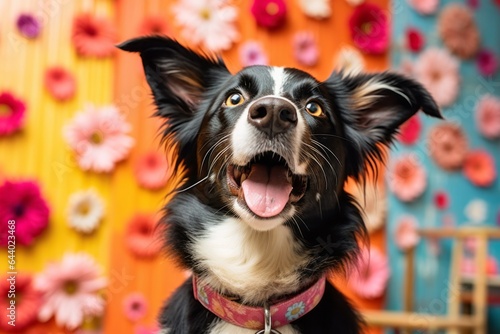 Close-up portrait photography of a curious border collie begging for food wearing a floral collar against a vibrant yoga studio background. With generative AI technology © Markus Schröder