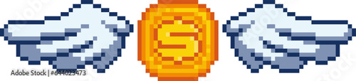 Pixel winged coin with the dollar symbol. Growing business, cashless payment, money loss or saving, bank or finance investment concept. Vector illustration.
