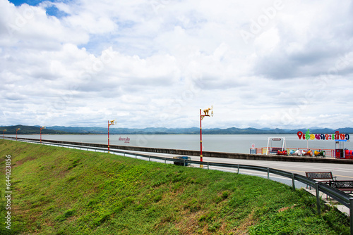 View landscape mountain and street road on crest reservoir of Krasiao dam at viewpoint for thai people travelers travel visit rest relax at Suphanburi city on August 24  2023 in Suphan Buri  Thailand