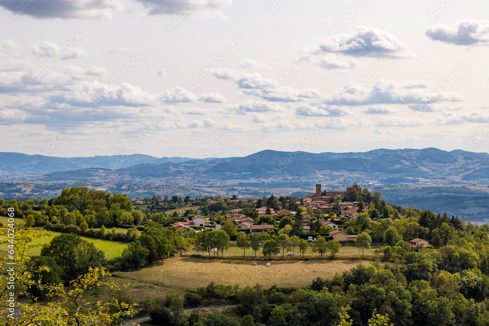 Fototapeta premium Village médiéval d’Oingt construit en pierres dorées typique de cette région du Beaujolais depuis les vignobles aux alentours