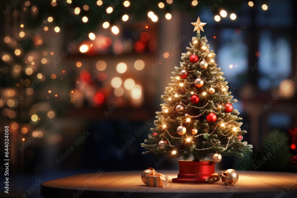 Christmas tree with lights and decorations with copy space and blurred background Christmas tree with lights and decorations with copy space and blurred background