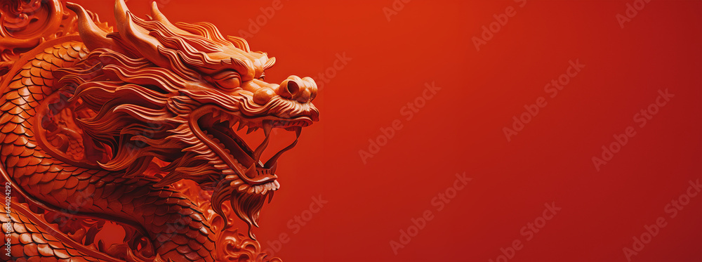 dragon de bois rouge, pour le nouvel an chinois 2024 - obrazy, fototapety, plakaty 