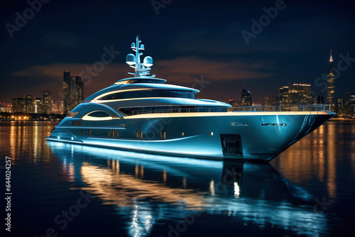Night view to large illuminated luxury yacht located over horizon, colorful lights coming from yacht reflect on the surface of the sea. © Anoo