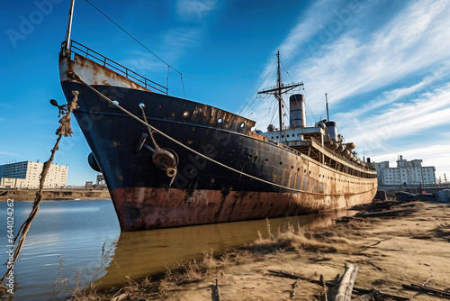 Rusty decommissioned marine ship that was left on the shore. The ship in the port is waiting for repair or scrapping. Ship graveyard. Restoration and repair of the ship. © Anoo