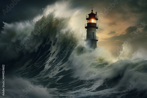 Enormous swell submerges lighthouse. Generative AI