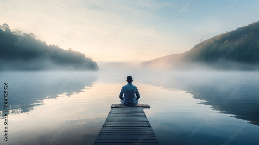 A man meditating by a serene lake at dawn, with a misty environment and cool blue tones. A man meditating by a serene lake at dawn, with a misty environment and cool blue tones.