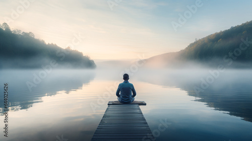 A man meditating by a serene lake at dawn, with a misty environment and cool blue tones.
