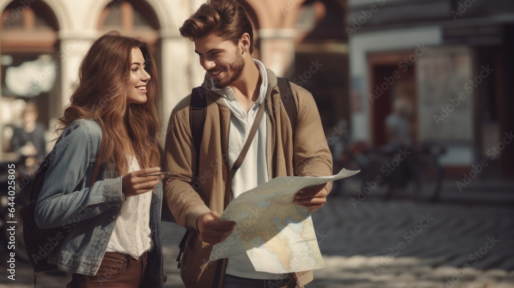 Young couple traveling in the city with the help of the map