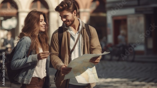 Young couple traveling in the city with the help of the map