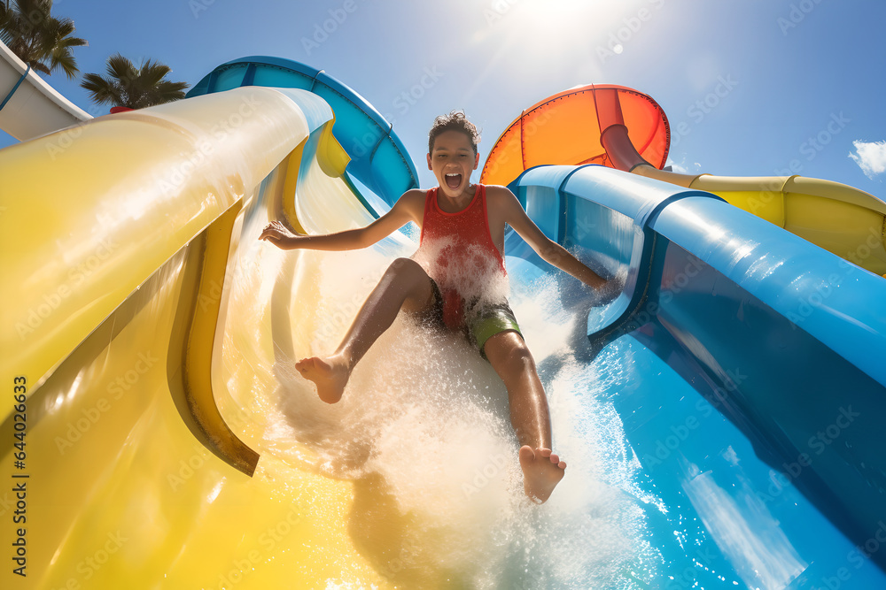 Happy boy going down the water slide in the water park, joyful children