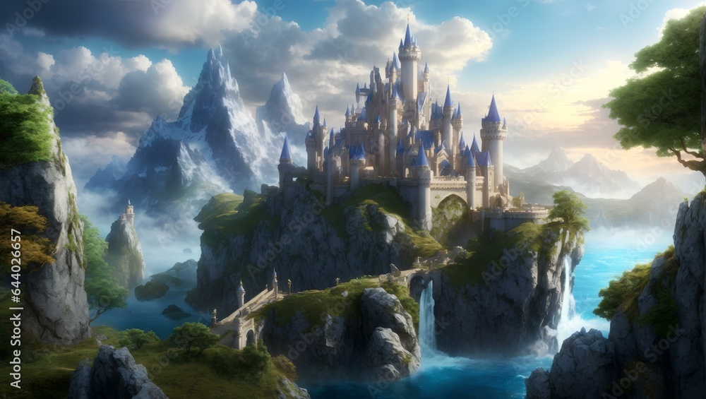 Fototapeta premium Immerse yourself in a breathtaking 3D fantasy world that will transport you to a realm of wonder and enchantment. Behold the mesmerizing beauty of majestic castles