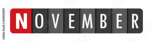 NOVEMBER dark gray vector typography banner with initial letter highlighted in red